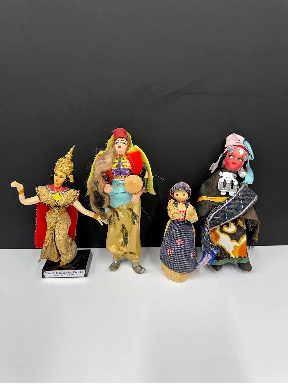 Vintage International Folk Costume Dolls Lot of 4 Thai Dancer Corn Husk Ethnic